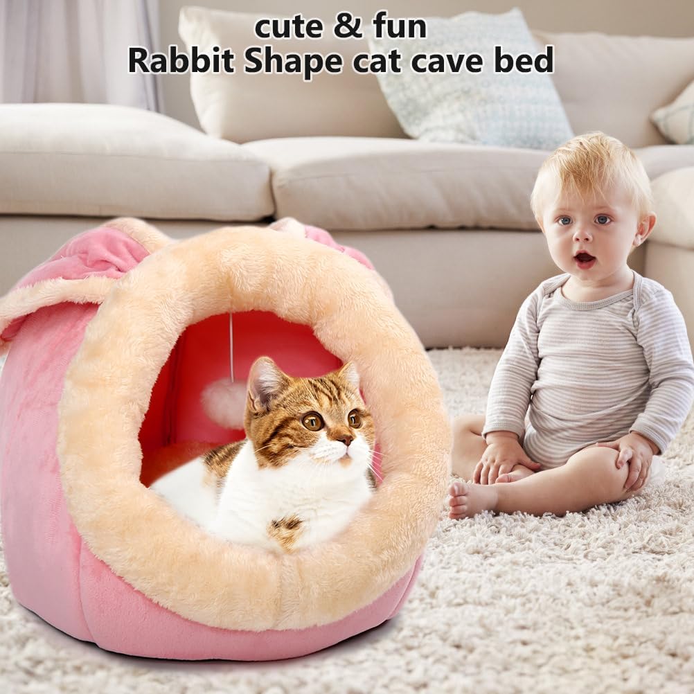Cat Beds for Indoor Cats-Rabbit-Shaped Cat Cave Bed with Hanging Toy,Pink L