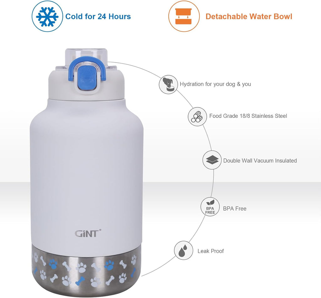 GiNT 37oz Insulated Stainless Steel Dog & Human Water Bottle, All-in-1 Travel Dispenser with Detachable Bowls & Carrying Case, Leak-Proof Pet Canteen for Walking, Hiking, Camping, Car (White)
