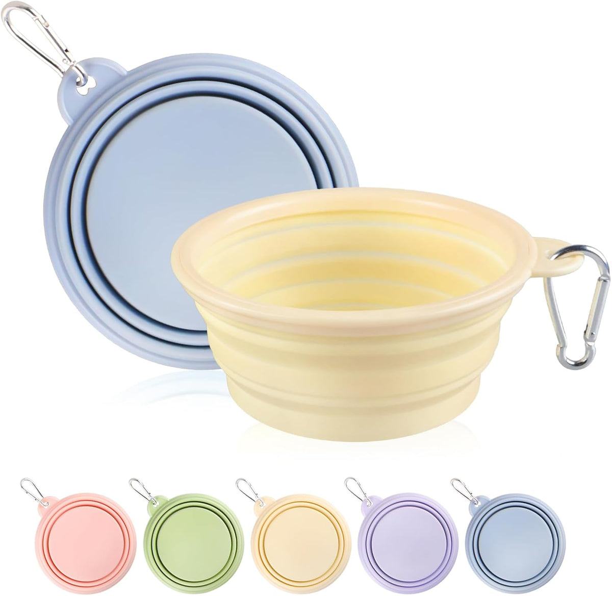 Collapsible Dog Bowls 2-Pack, Portable Travel Dog Bowl with Carabiner, Food-Grade Silicone Pet Bowl for Hiking, Walking(Macaron Blue and Yellow)