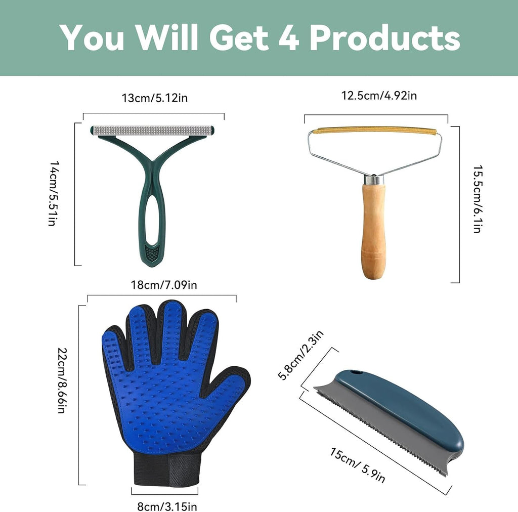 Pet Hair Remover Tool 4-Pack, Dog Cat Hair Remover with 1PCS Pet Grooming Glove, Lint Shaver Cleaner Pro, Portable Carpet Scraper for Carpets, Clothes, Car Mats, Couch, Pet Bed, Furniture