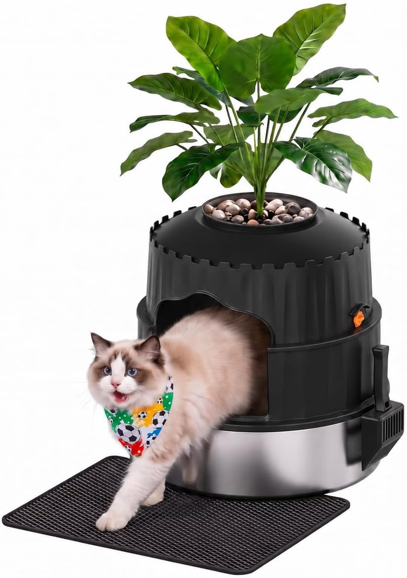 Hidden cat Litter Box Featuring a Stainless Steel Tray, Faux Greenery, an Activated Carbon Packet, and a Scoop; Plant-Style Litter Box Furniture; Includes a Free Litter mat