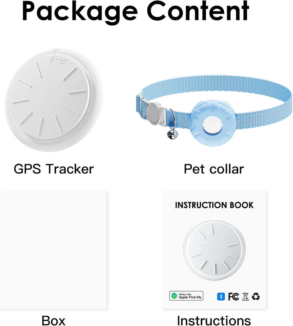 GPS Tracker for Cats, Compatible with Apple Find My App (Only iOS), No Monthly Fee Cat Tracker, Waterproof (White Tracker, Blue Cat Collar)