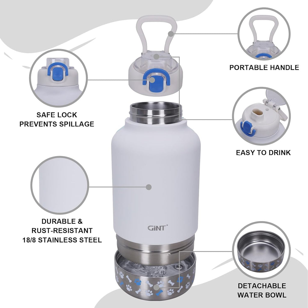 GiNT 37oz Insulated Stainless Steel Dog & Human Water Bottle, All-in-1 Travel Dispenser with Detachable Bowls & Carrying Case, Leak-Proof Pet Canteen for Walking, Hiking, Camping, Car (White)