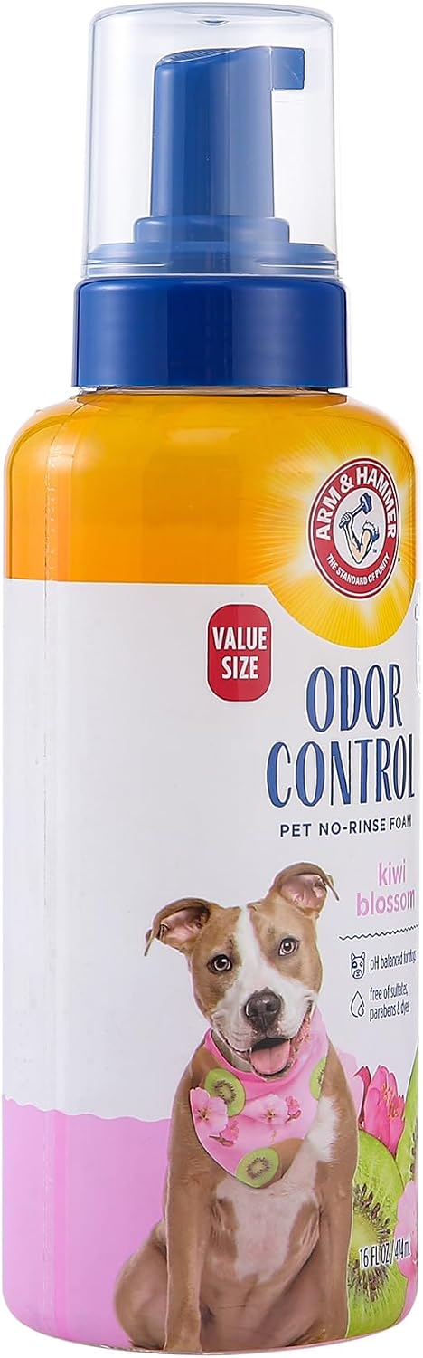 Arm & Hammer for Pets Odor Control Pet No-Rinse Foam with Baking Soda, Kiwi Blossom Scent, Best Odor Eliminating Foam for Dogs and Puppies; Waterless Dog Deodorizer, 16 Fl Oz (Pack of 2)