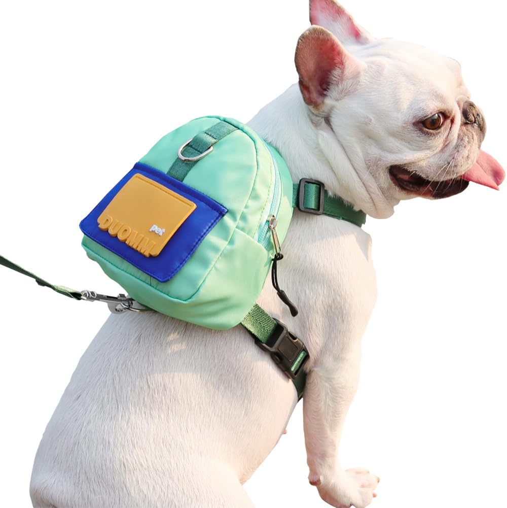 Dog Backpack Harness with Leash,Cute Pet Puppy Backpacks Bulid-in Dog Poop Bag Dispenser,Adjustable Pets Self Carrier Bag for Small Medium Dogs Travel Hiking Daily Walking(M, Green)