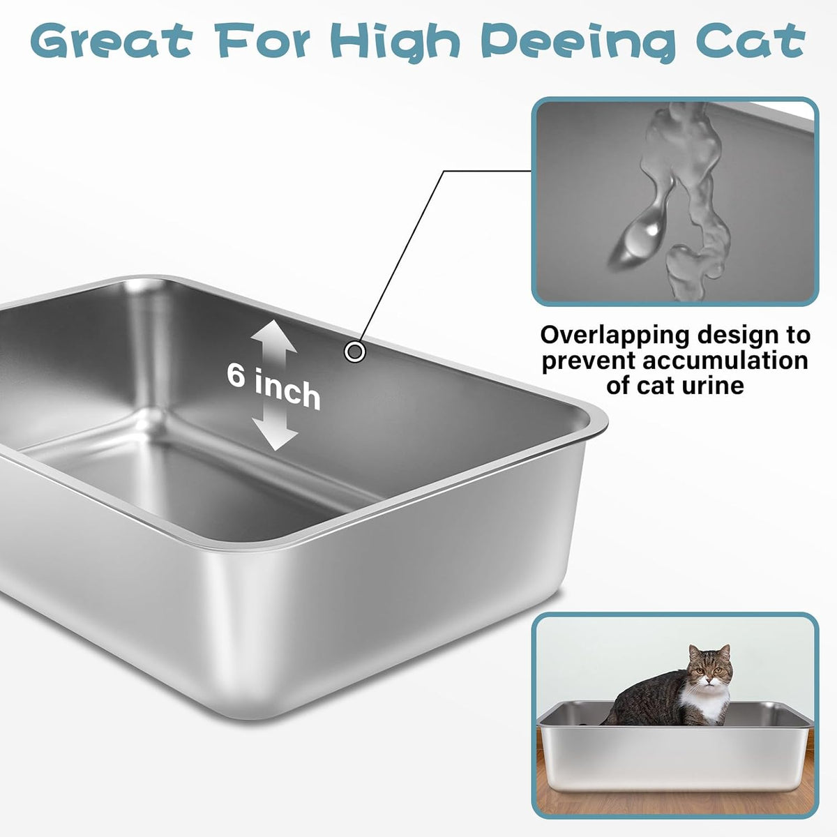 Stainless Steel Litter Box, Large Metal Litter Box for Kitty/Cat | 19.7"x13.7"x6" Easy to Clean, Non Stick Litterbox No Smell for Adult Cats