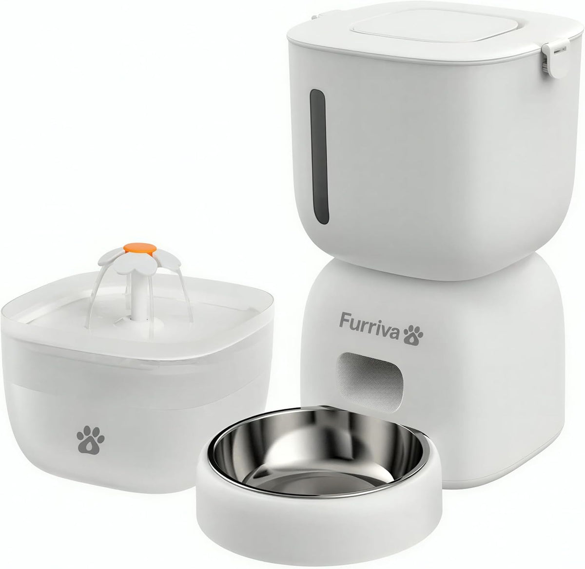 Automatic Cat Feeder and Water Fountain Set, White - 3L Feeder & 2L Fountain, Stainless Steel Bowl, Locking Lid, Plug-in/Battery Powered, 4 Meals/Day, 10s Voice Recorder for Cats and Small Dogs