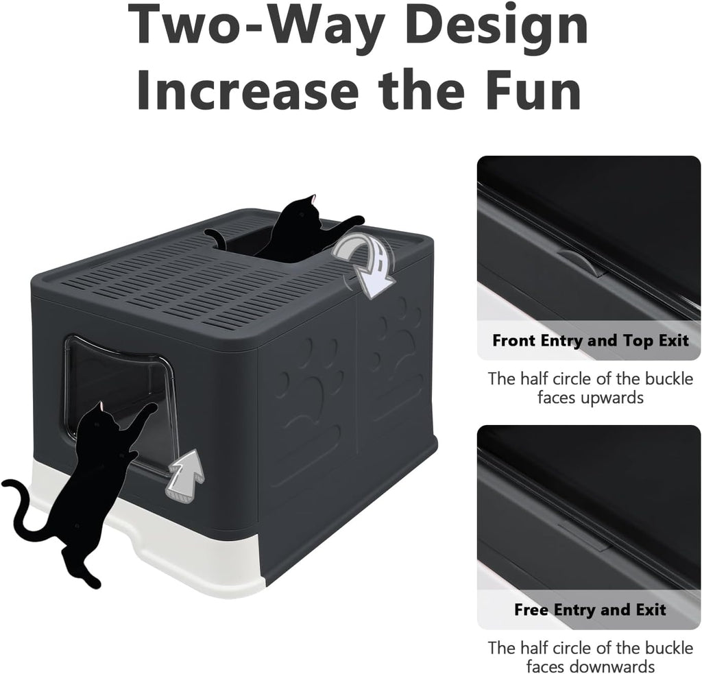 XL Foldable Cat Litter Box with Lid - Jumbo Enclosed Potty - Top Entry Anti-Splashing Toilet - Includes Scoop & 2-in-1 Cleaning Brush (Black)