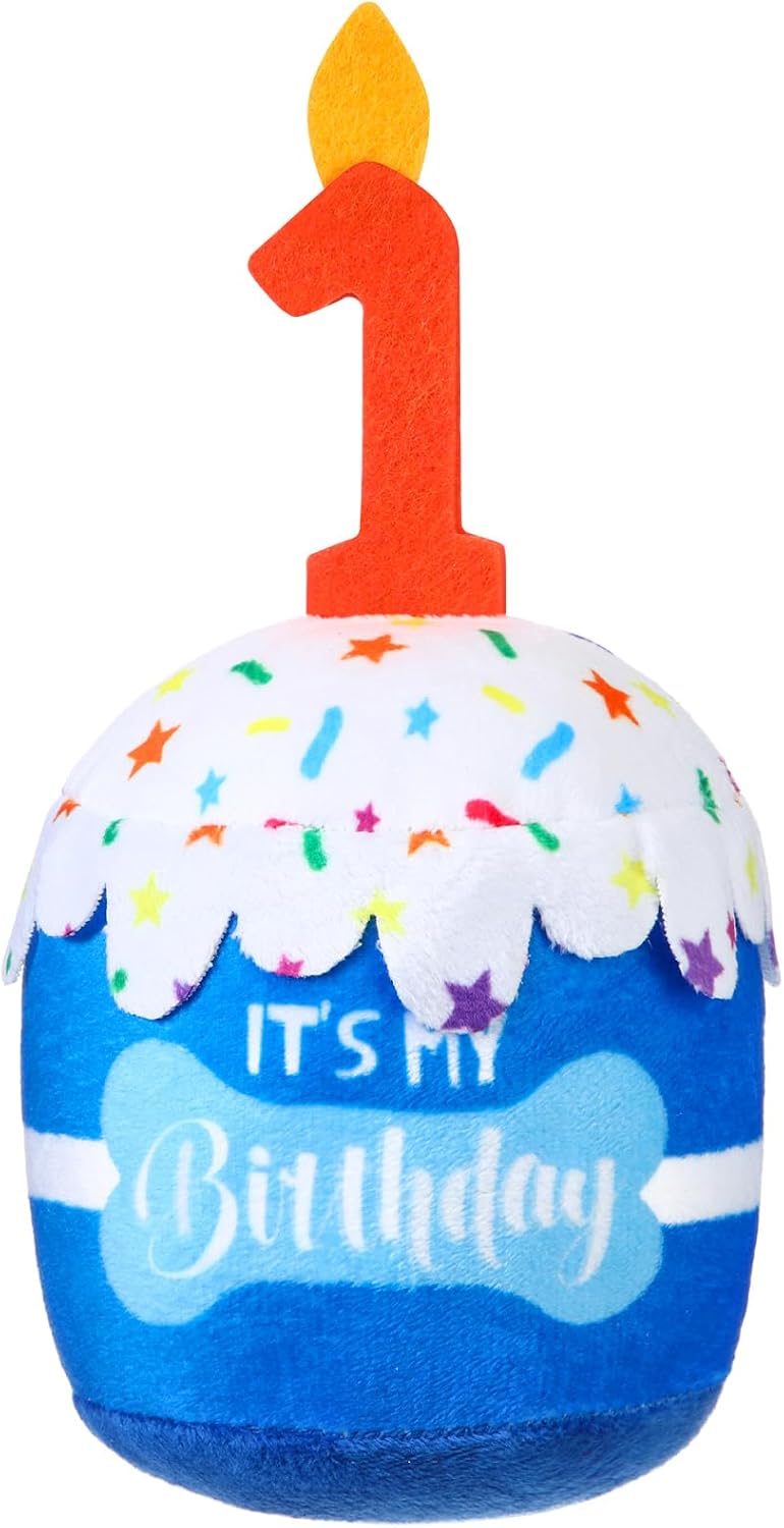 Dansydaisy Dog Birthday Cake Toy Squeaky Plush Gift,1st,Blue | Interactive Squeaky Gift for Dogs, Dog Birthday Decor , Soft Chew for Small Medium Large Pets, Cake Design with Candle