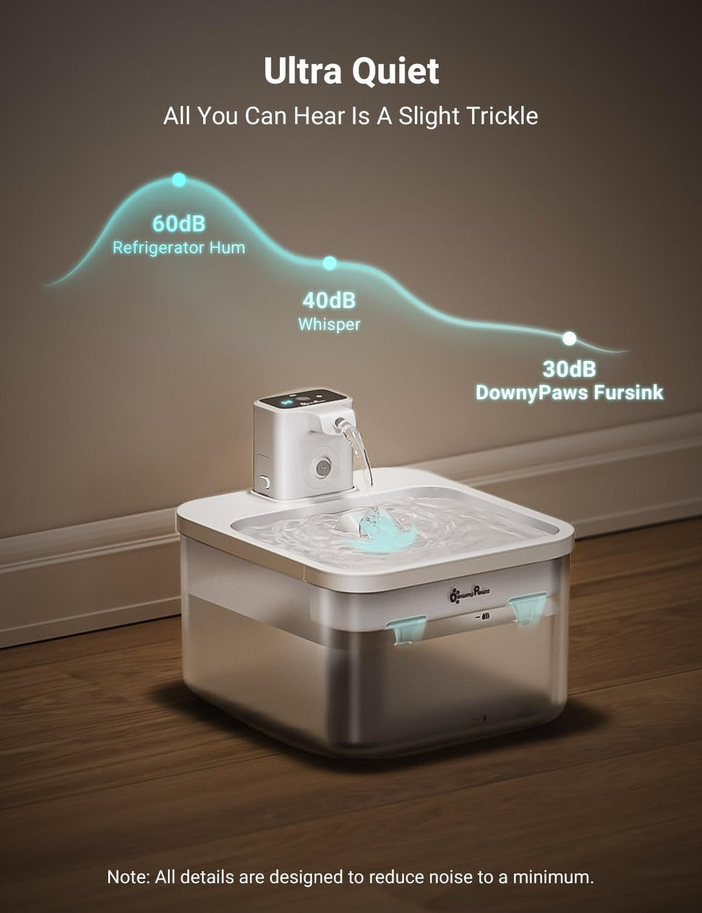 DownyPaws Cat Water Fountain Cordless, Pet Fountain, 84oz/2.5L, White