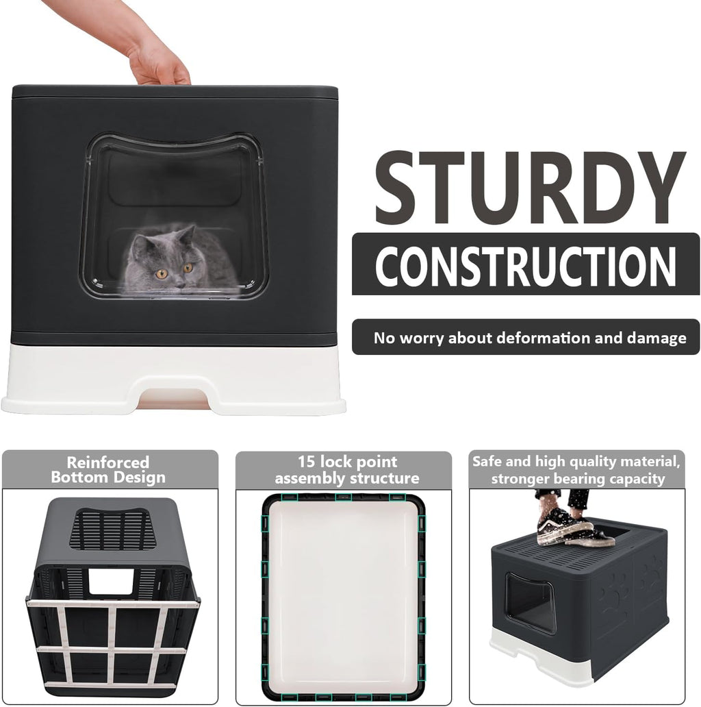 XL Foldable Cat Litter Box with Lid - Jumbo Enclosed Potty - Top Entry Anti-Splashing Toilet - Includes Scoop & 2-in-1 Cleaning Brush (Black)