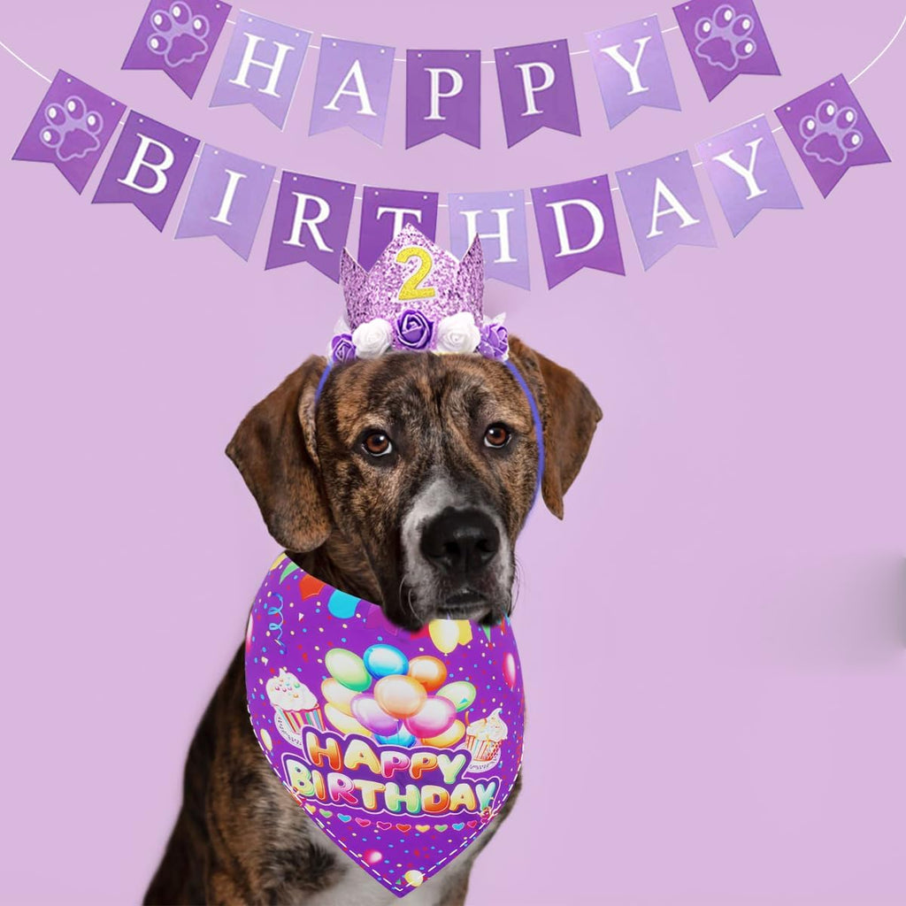 PET SHOW Dog Birthday Party Favors Decorations Purple Crown Hats with Bandana and Collar Bowties Charms Costume Set Puppy Cat Celebration Outfit with 0-9 Figures Banner & Ballons Grooming Accessories