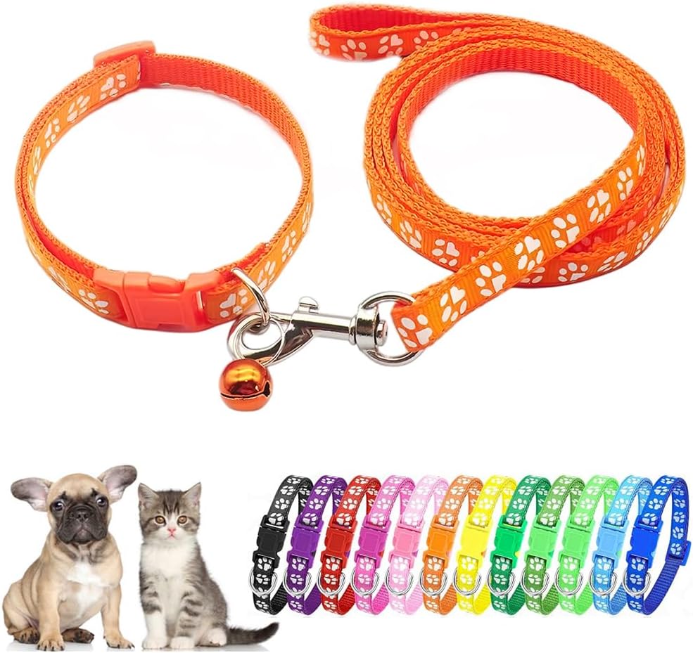 Orange Kitten Collar with Bell Leash Set, Puppy Collar and Leash Pawprint Dog Collars for Small Dogs Adjustable Cat Collar for Tiny Little XXS XS Extra Small Breed Pets Girls Boys