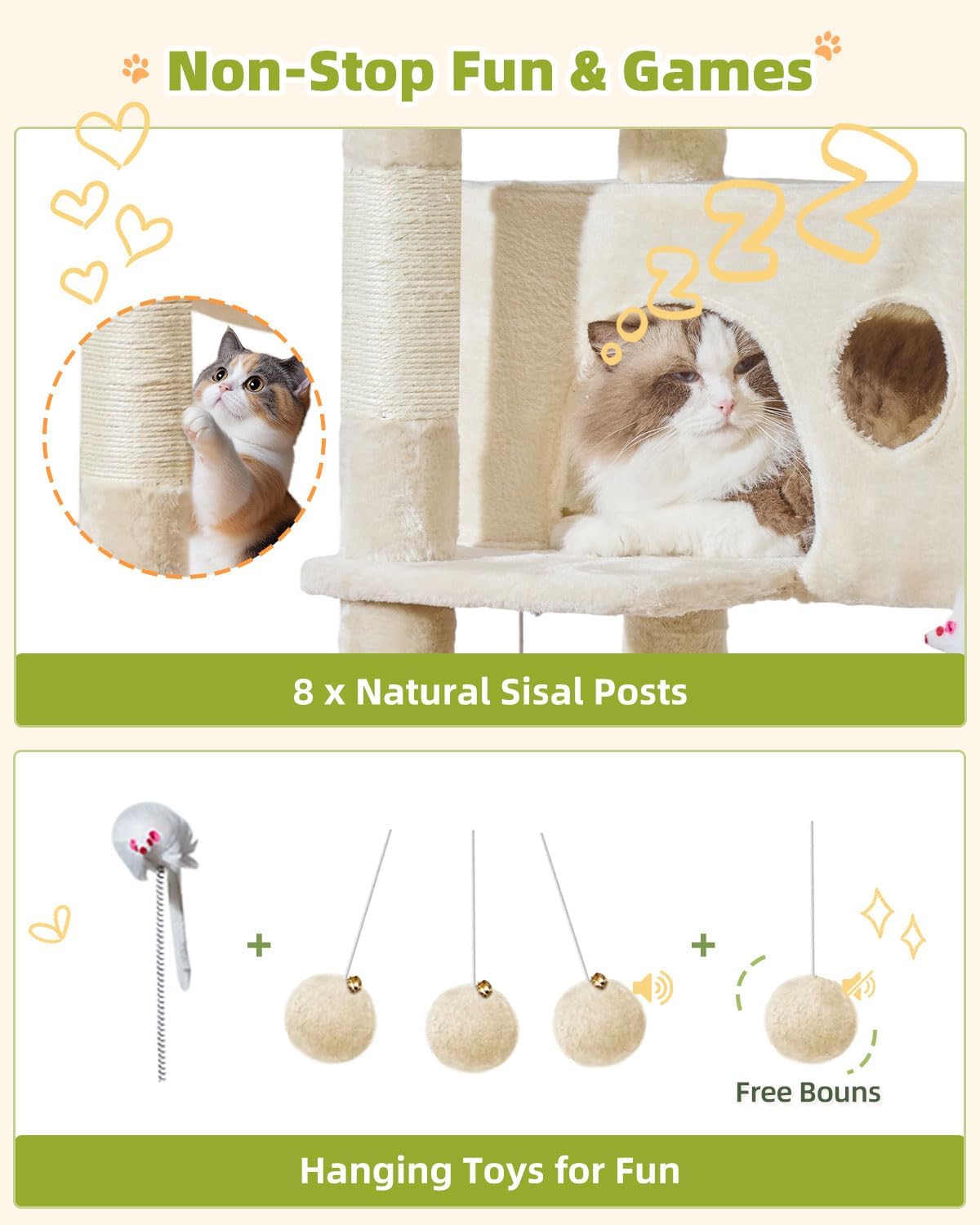 Taoqimiao 76in Cat Tree, Tall Sturdy Cat Tower for Large Indoor Cats MS046M