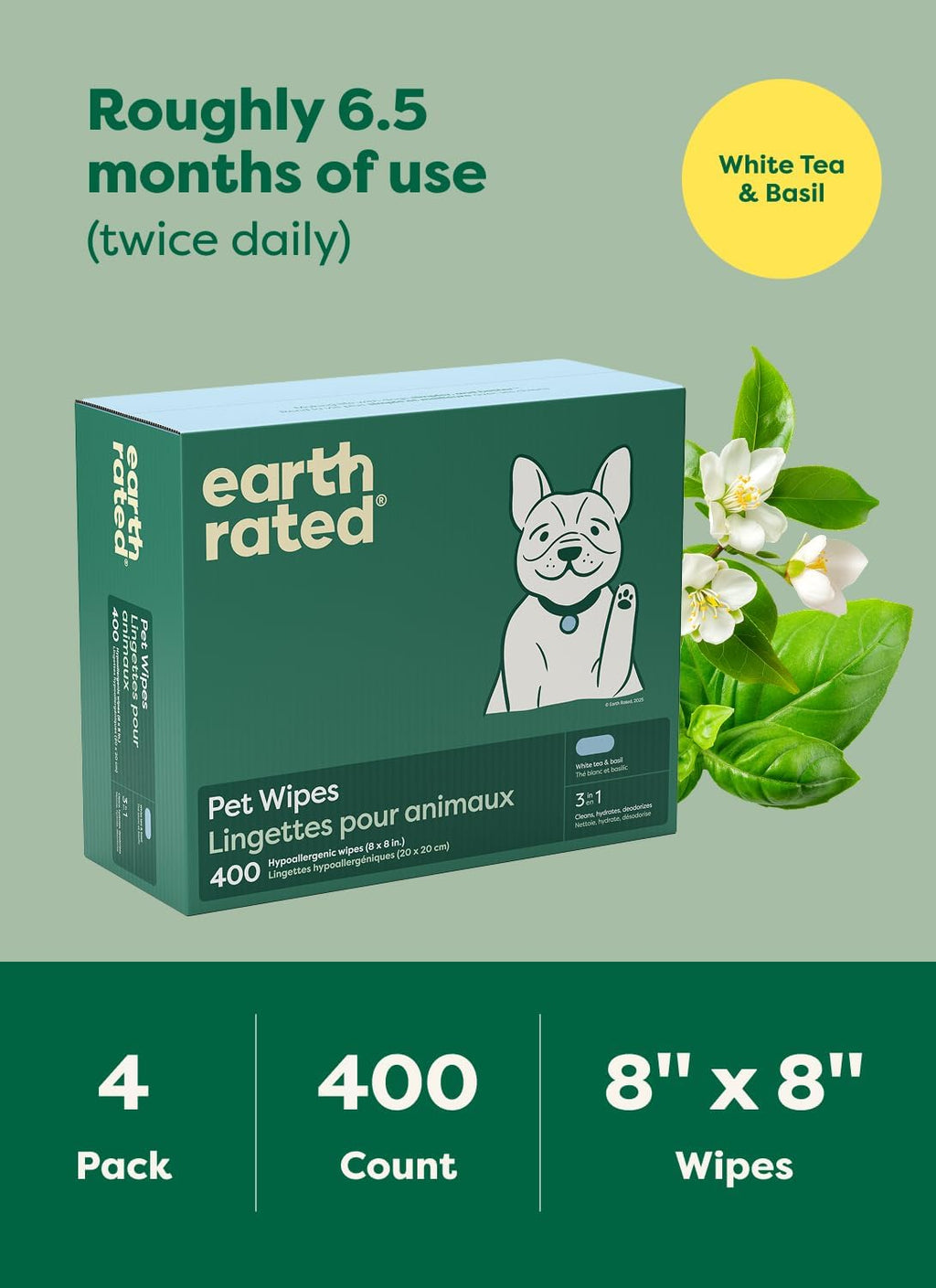 Earth Rated Dog Wipes for Paws & Butt, Deodorizing, White Tea & Basil 400ct | Hypoallergenic, 3-in-1 Cleaning and Hydrating, for Grooming Paws, Body and Butt