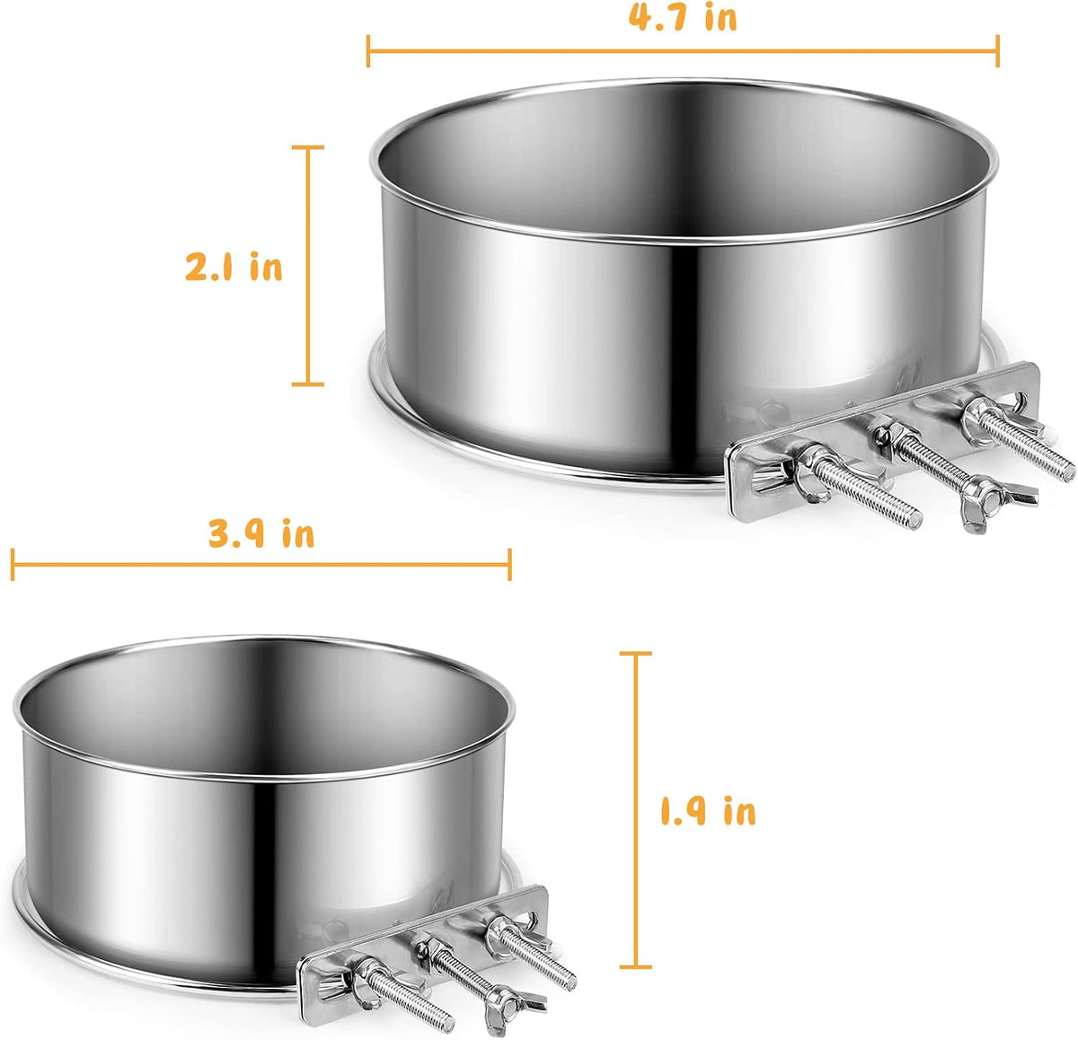 Small Dog Bowls, ShineMe 2 Pack Stainless Steel Pet Bowls Easily Affixes to Crate, Cage or Kennel - Non Spill Food & Water Bowls for Cat, Puppy, Birds, Guinea Pigs, Rabbit (4.7 x 2.1” & 3.9 x 1.9”)