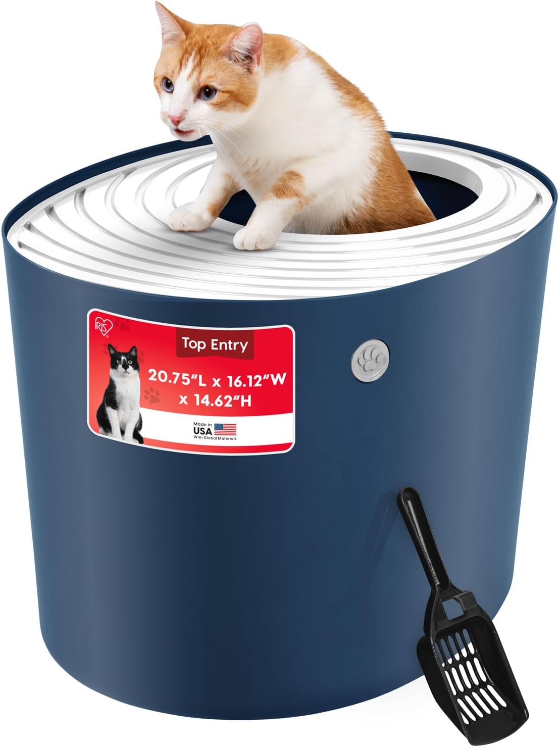 IRIS USA Large Top Entry Cat Litter Box, Hooded Privacy, Navy/White | Dog-Free Zone, Mess Containment System, Protected Interior, Dog Proof Pan, Odor Trapping, Easy Scoop Access