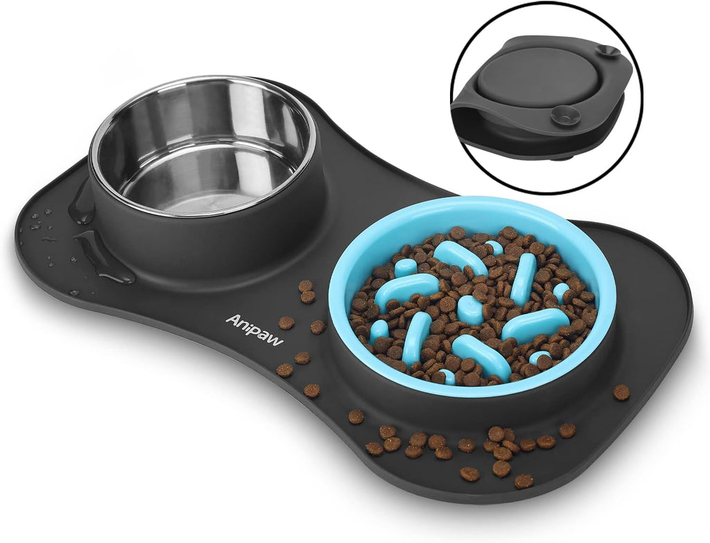 Slow Feeder Dog Bowls 3 in 1 Stainless Steel Food Water Bowl to Slow Eating | Durable, Non-spill & Non-skid with Silicone Mat Design, Slow Down Eating, Suitable for Small Medium Large Dogs and Cats 