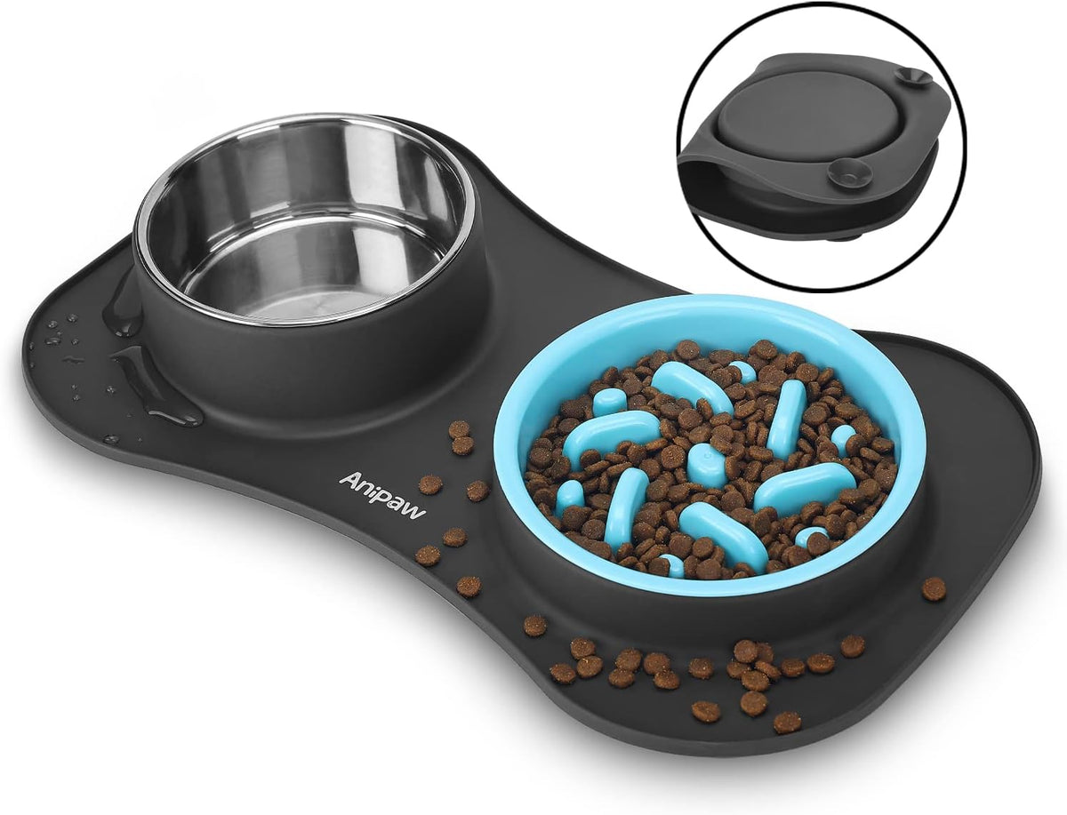 Slow Feeder Dog Bowls 3 in 1 Stainless Steel Food Water Bowl to Slow Eating | Durable, Non-spill & Non-skid with Silicone Mat Design, Slow Down Eating, Suitable for Small Medium Large Dogs and Cats 