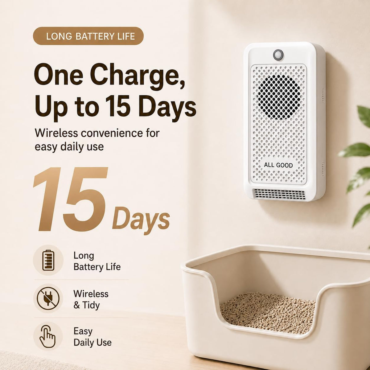 Cat Litter Deodorizer, Smart Odor Control for Cat Litter Box, Plant-based Cat Odor Eliminator, Rechargeable Pet Odor Eliminator with Plant-Based Oil, Safe & Quiet Air Freshener for Pet Homes