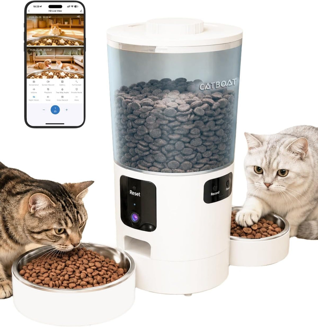 Dual-Camera Automatic Pet Feeder with 2 Bowls, 6L Smart Feeder for 2 Cats