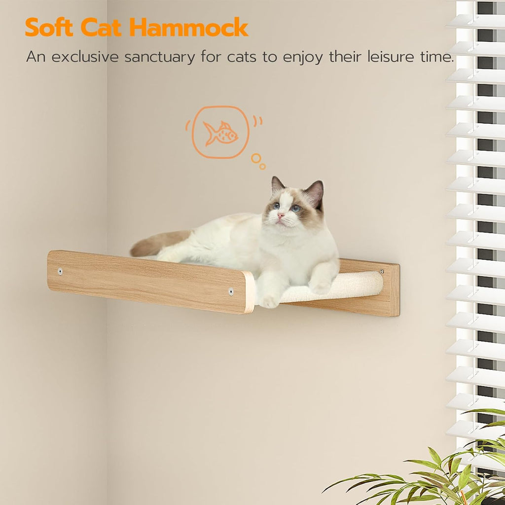 HOOBRO Wood Cat Wall Shelves, Set of 5 Modern Cat Wall Furniture with Corridor, Plush Hammock, Steps, Scratcher and Climbing Shelves for Playing, Sturdy, Durable and Safe, Natural NL45CS03