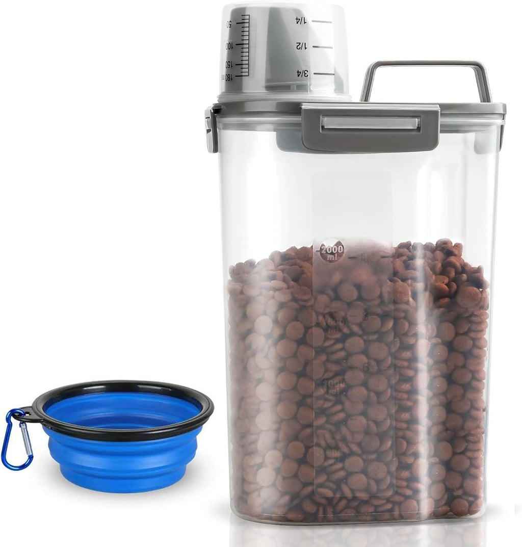 TIOVERY Upgraded Dog Food Storage Container Small, Cat Food Container Airtight, Pet Food Container Dispenser with Pour Spout, Measuring Cup and 4 Seal Buckles for Dogs, Cats, Birds (Grey) 