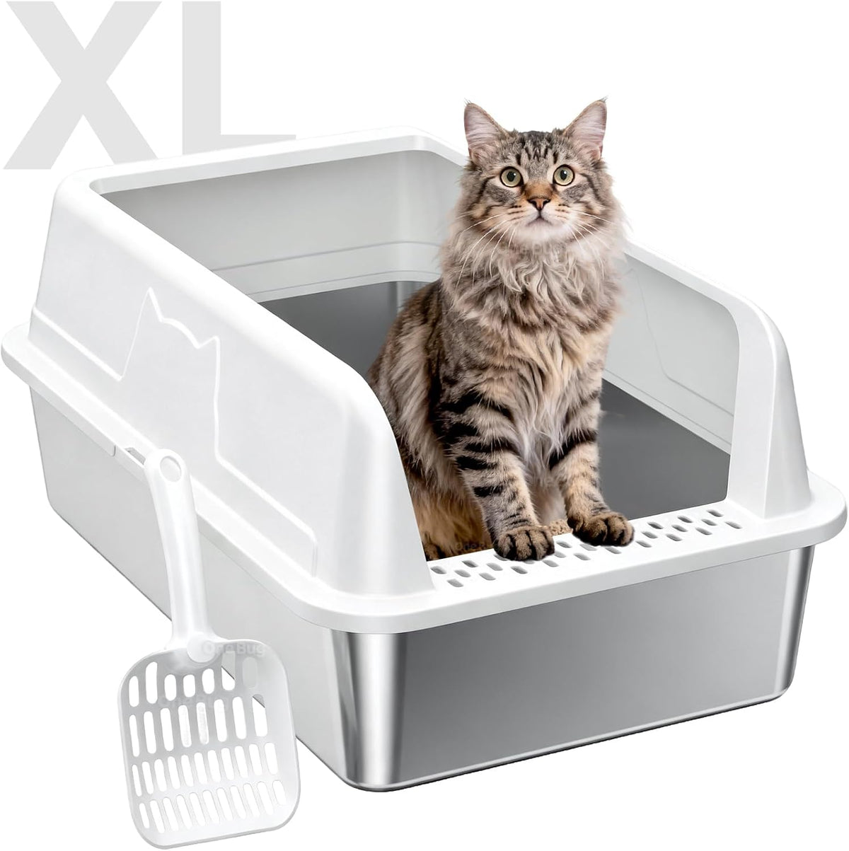 High-Sided Stainless Steel XL Cat Litter Box for Cats | High-Sided Design Prevents Urine Leakage,Non-Stick,Easy to Clean,Includes Scoop,White
