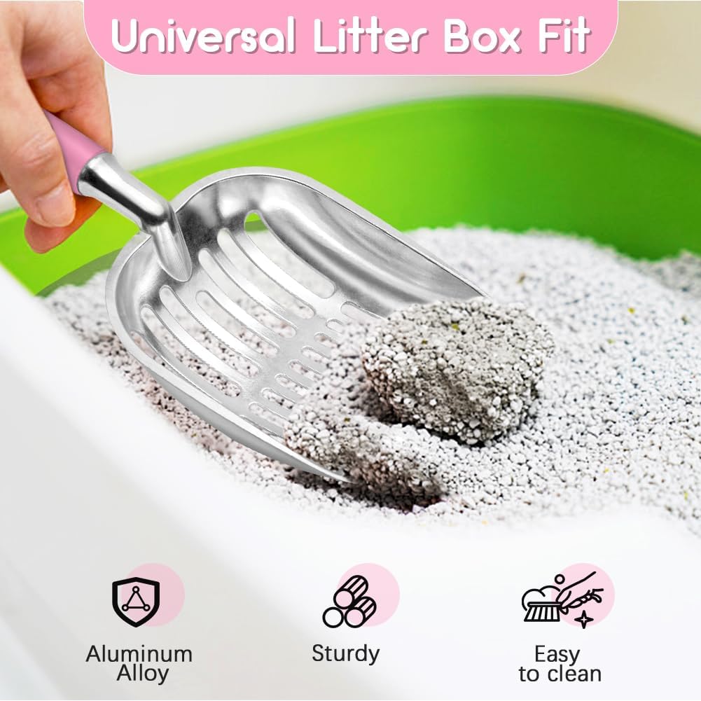 Cat Litter Scoop, Metal Cat Scooper, Plastic Handle Scoop, Sifting Shovel for Christmas – Heavy Duty Aluminum Alloy Litter Box Scoop with Deep Mesh, Design for Easy Waste Removal and Cleaning(Pink)