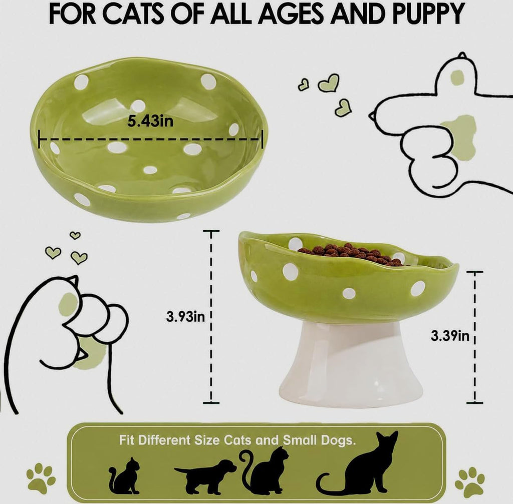 Mushroom Cat Bowl, Elevated Ceramic Cat Bowl, Avocado Green | Cute Mushroom Design • Avocado Green • Elevated Feeding • Whisker Friendly • Smooth Ceramic