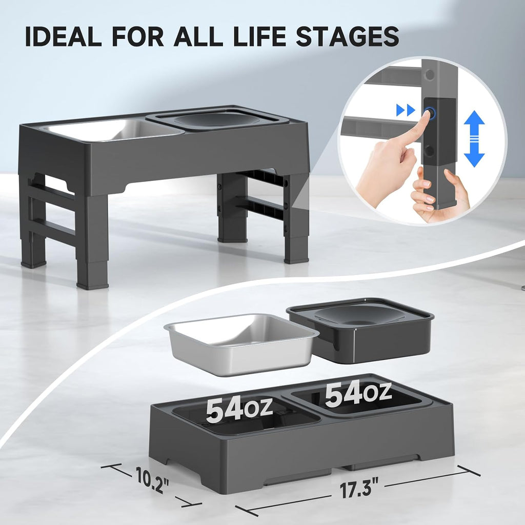 ELS PET Elevated Dog Bowls, No Spill Water Bowl and Stainless Steel Feeder