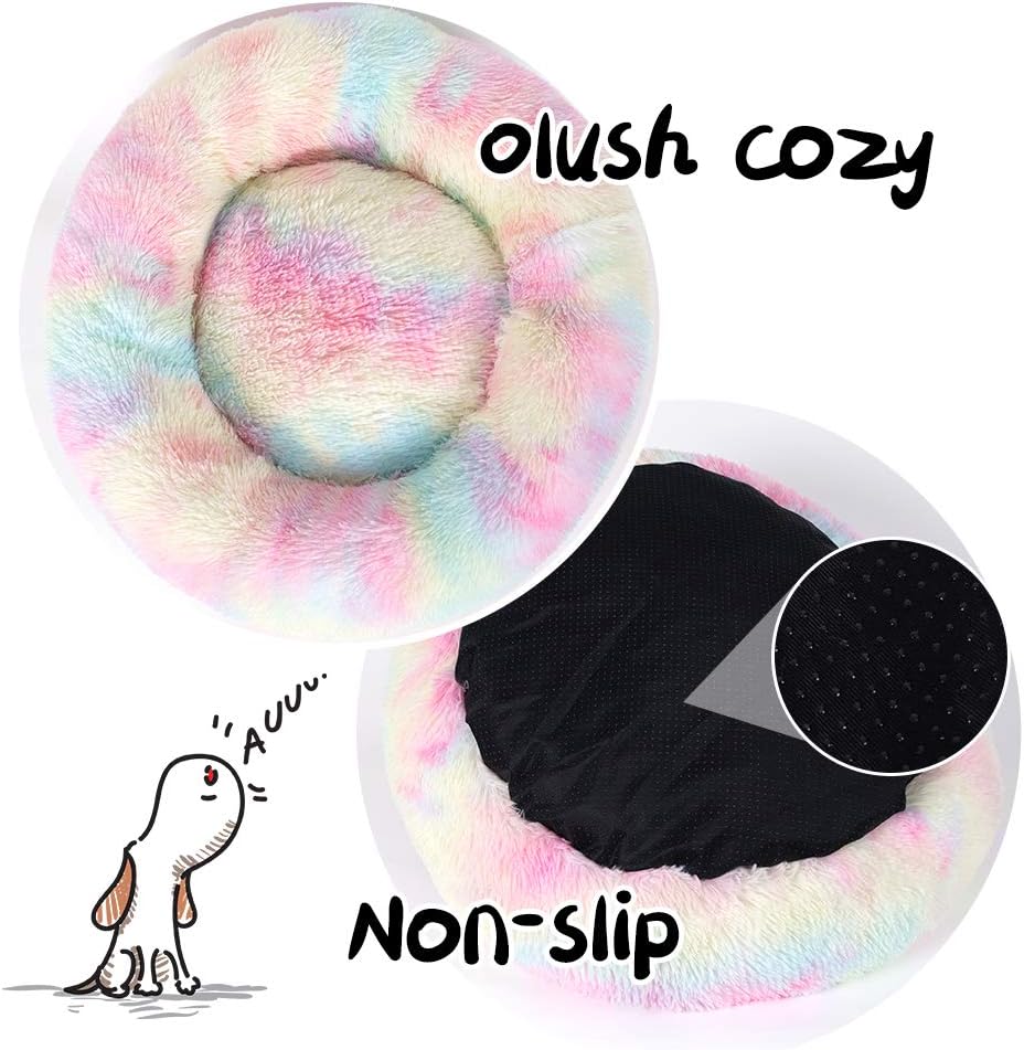 Cat Bed for Indoor Cats and Small Medium Dogs - Washable 20/24 Inches, Anti-Anxiety Round Fluffy Plush Faux Fur, Thick Bottom (Rainbow, Medium)