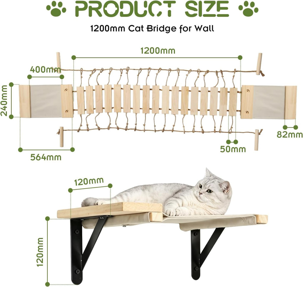 Cat Wall Shelves, Wall Mounted Cat Climber Set, 70" Cat Bridge Hammock Tree with Mounted Perch & Cloud Shelf for Cats Climb, Jump (H01)