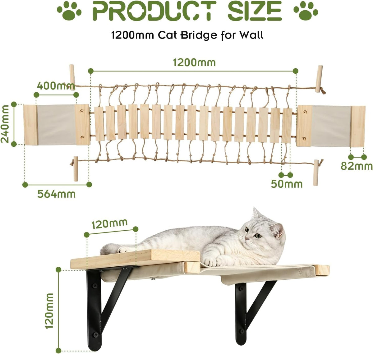 Cat Wall Shelves, Wall Mounted Cat Climber Set, 70" Cat Bridge Hammock Tree with Mounted Perch & Cloud Shelf for Cats Climb, Jump (H01)