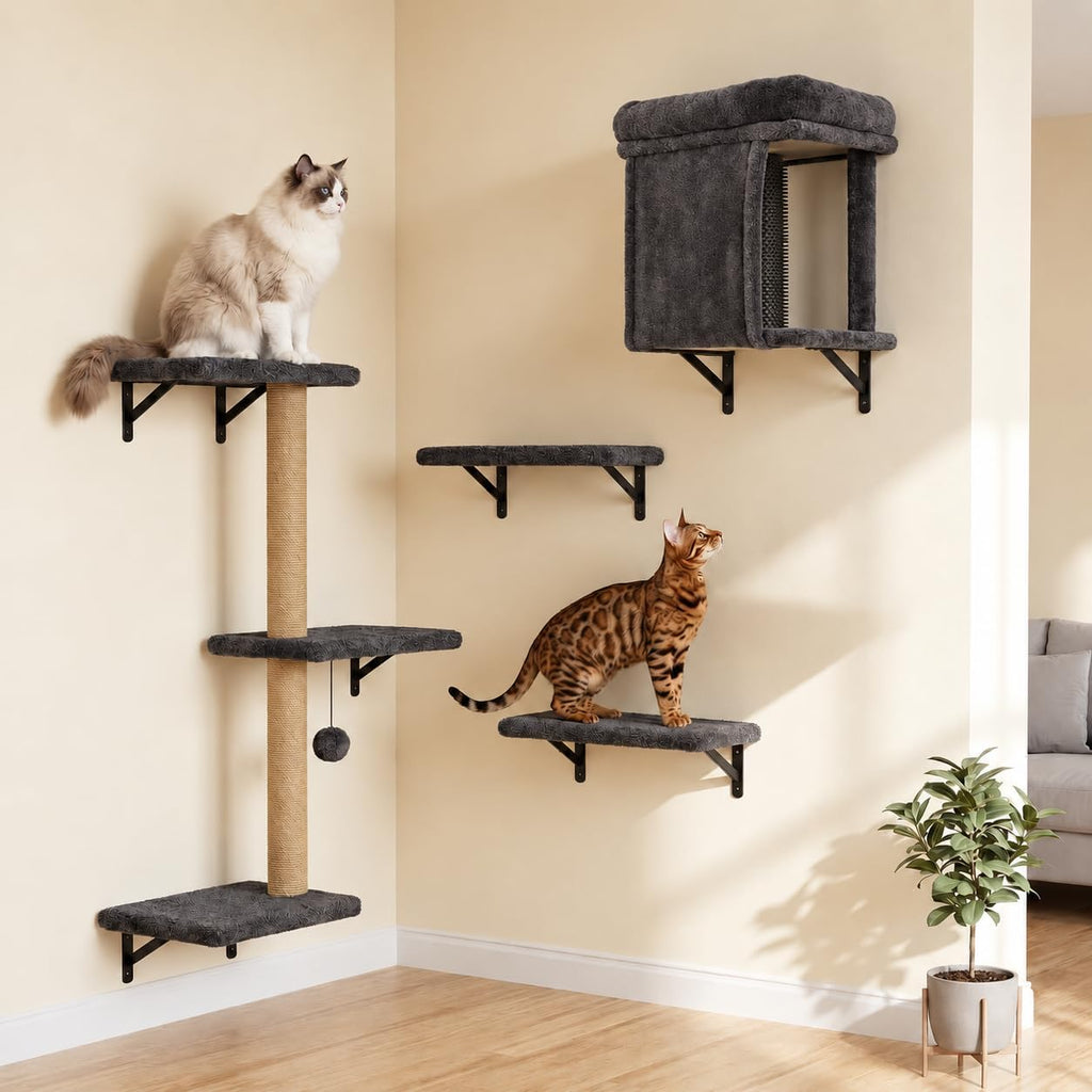 Cat Wall Shelves, 5-Piece Wall-Mounted Cat Tree for Large Cats, Cat Wall Furniture with Condo, Scratching Posts & Climbing Platforms