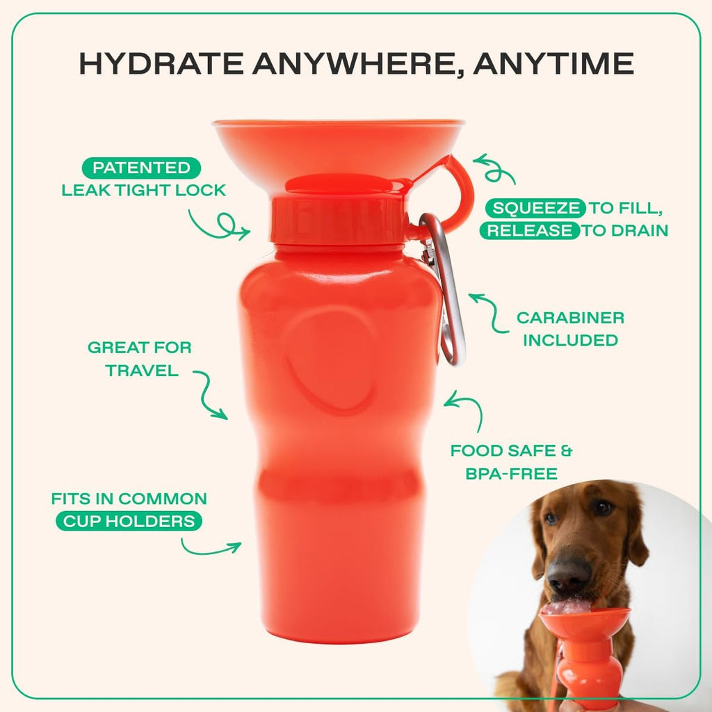 Springland 22oz Classic Portable Dog Water Bottle with Built-in Bowl, Poppy | Leak-proof, BPA-free, one-hand squeeze, for travel & hiking, fits car cup holders, great dog gift, as seen on Shark Tank 