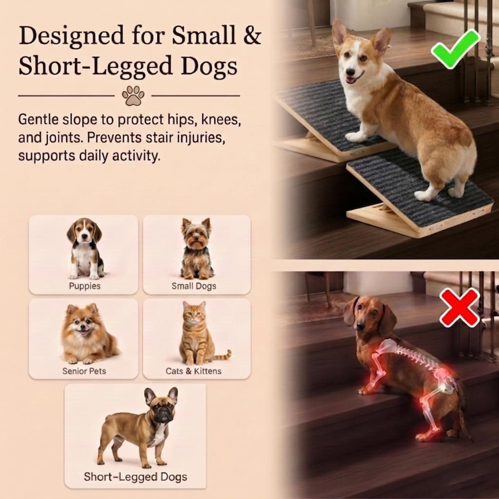 2 Pack Adjustable Dog Ramp for Stairs for Small Dogs, Senior Dogs, Short-Legged Breeds, Non-Slip Solid Wood Foldable Ramp for Indoor/Outdoor Steps, Joint-Friendly Stair Wedges for Corgis & Dachshunds