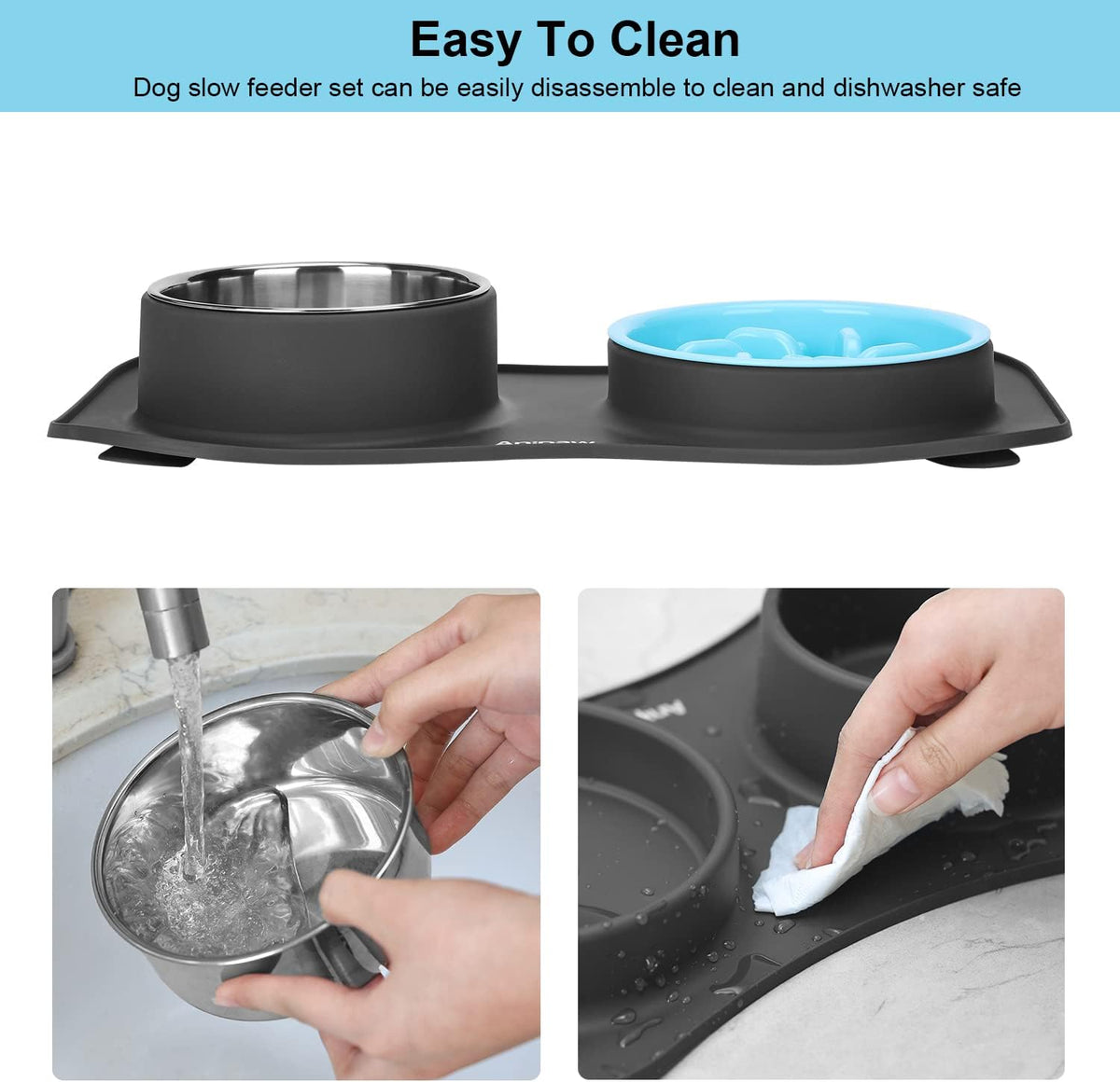 Slow Feeder Dog Bowls 3 in 1 Stainless Steel Food Water Bowl to Slow Eating | Durable, Non-spill & Non-skid with Silicone Mat Design, Slow Down Eating, Suitable for Small Medium Large Dogs and Cats 