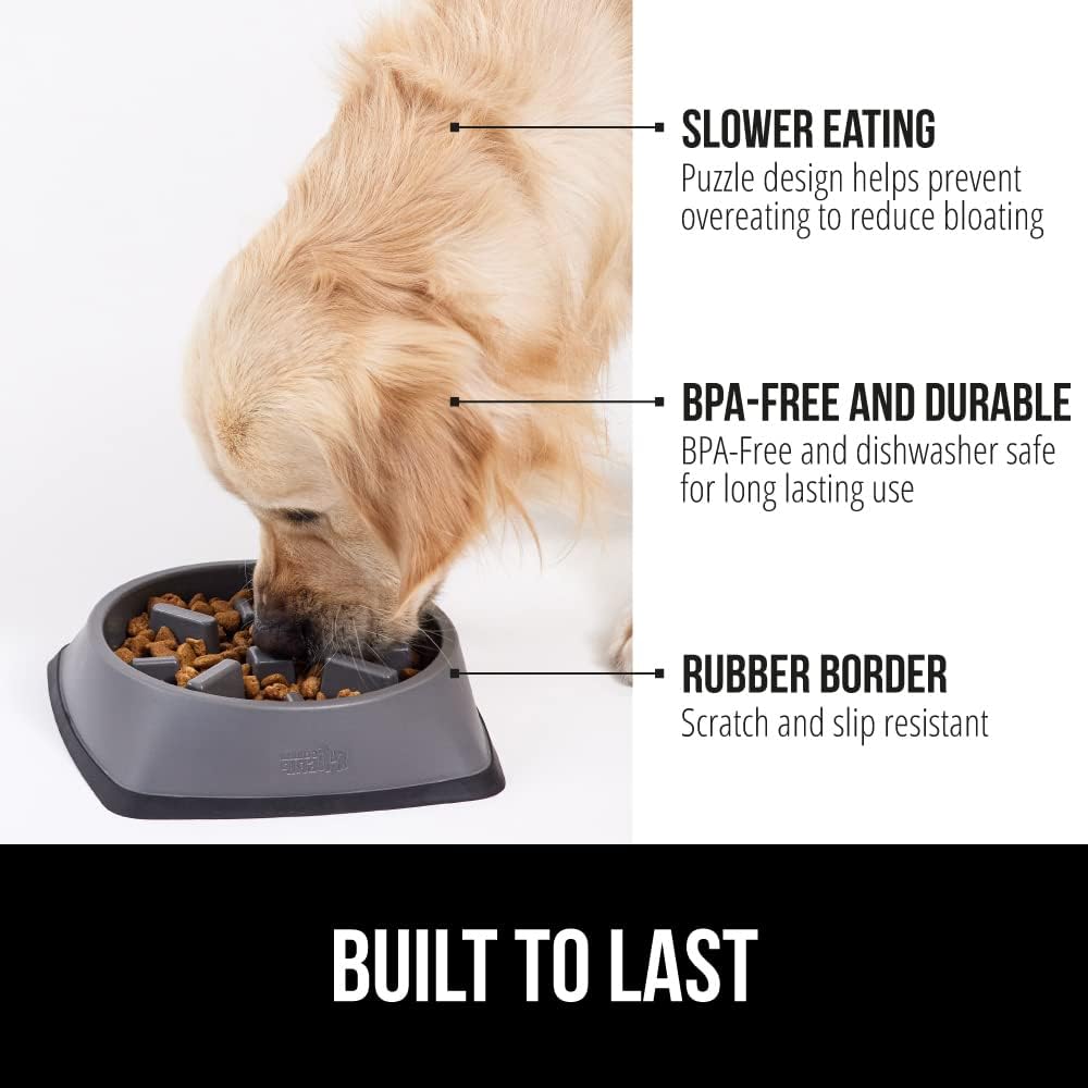 GORILLA GRIP® Patented Slow Feeder Dog and Cat Bowl, BPA Free, 2 Cup Gray
