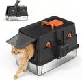 Stainless Steel Litter Box with Lid, Enclosed Metal Cat Litter Box with 120° Flip-Top & Built-in Handle, Easy Clean High-Sided Cat Pan with Cat Scoop Holder for Odor Control,Leak-Proof,Black