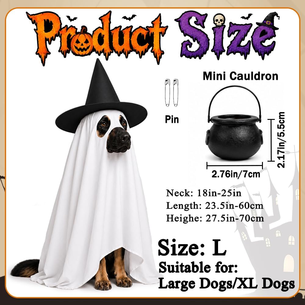 Halloween Dog Ghost Costume Pet Ghost Cape Hat Witch Candy Pot for L XL