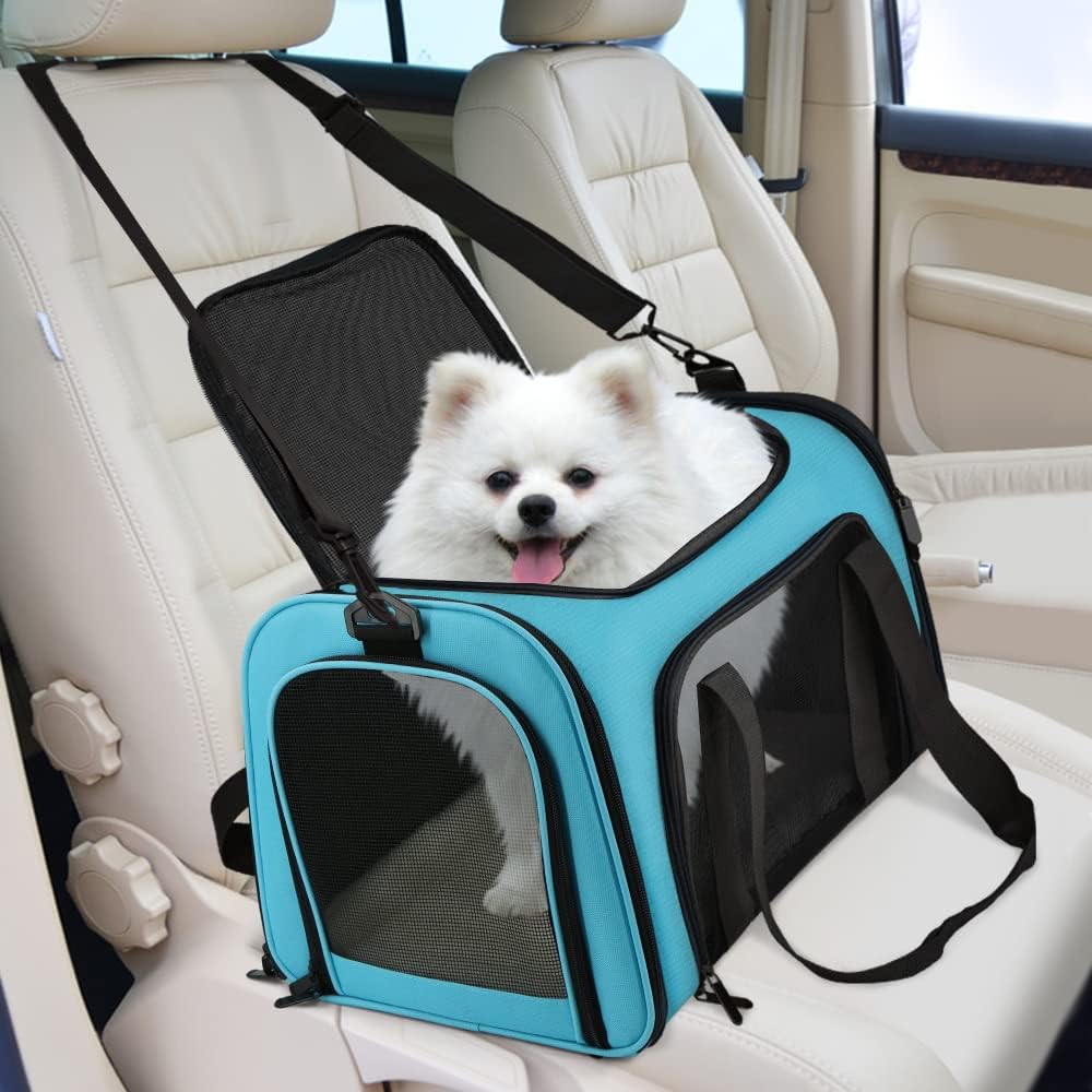 Henkelion Pet Carrier for Small Medium Cats Puppies up to 15 Lbs, Airline Approved Small Dog Travel Puppy Carrier Soft Sided, Collapsible - Blue (Pack of 2)