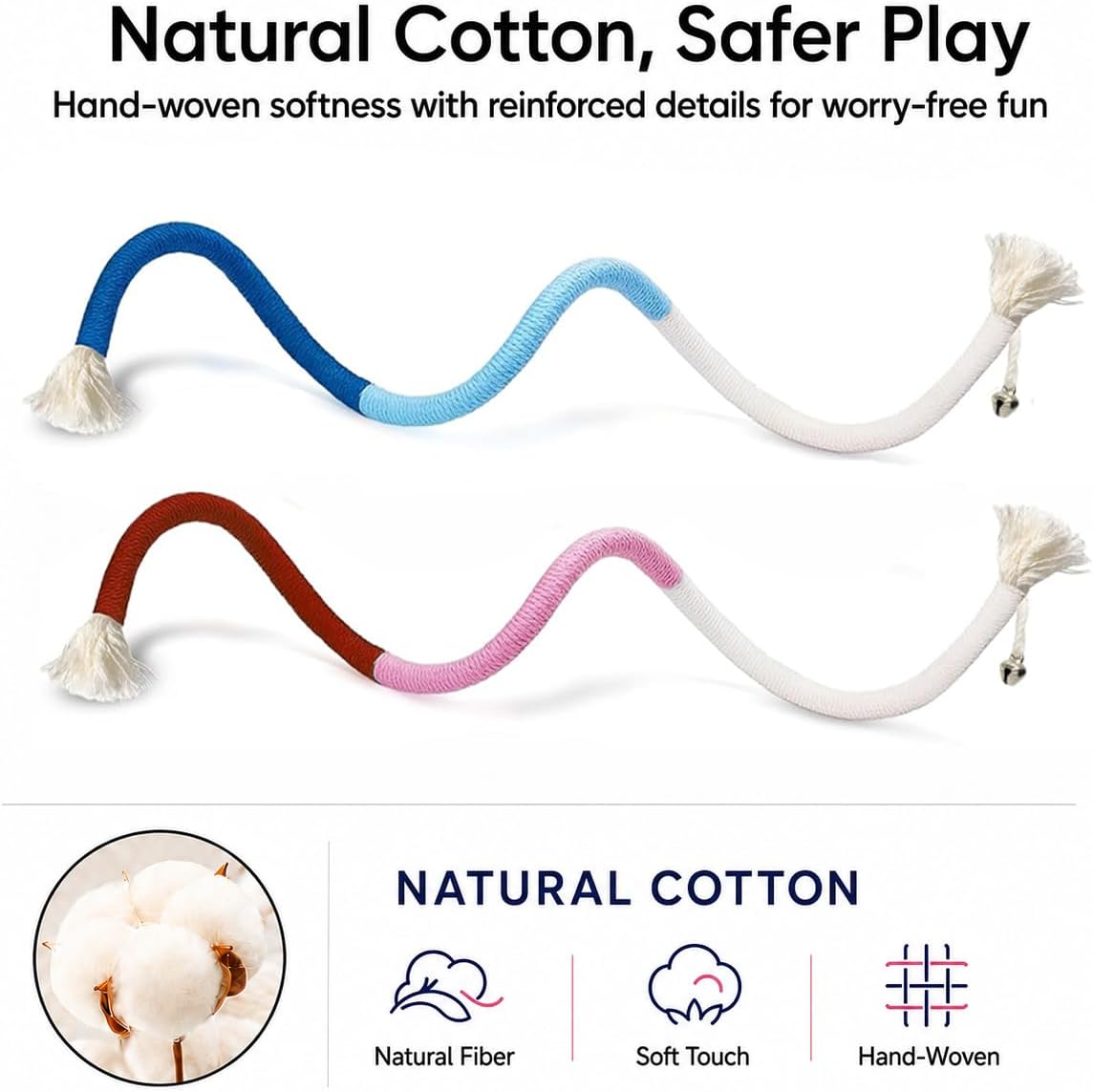 4-Pack Cat Toys for Indoor Cats, Woven Cotton Rope Toys with Bells | Colorful Cotton Rope Cat Chew Toys for Indoor Cats & Kittens, Ideal for Teething, Chewing, Interactive Play & Boredom Relief