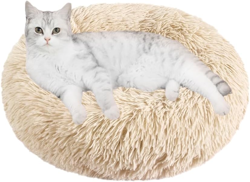 otoez Kitten Puppy Bed Extra Small XS Round Dog Cat Beds Anti Anxiety Plush Pet Calming Donut Bed with Non-Slip Waterproof Bottom, Washable (15.7", Taupe)