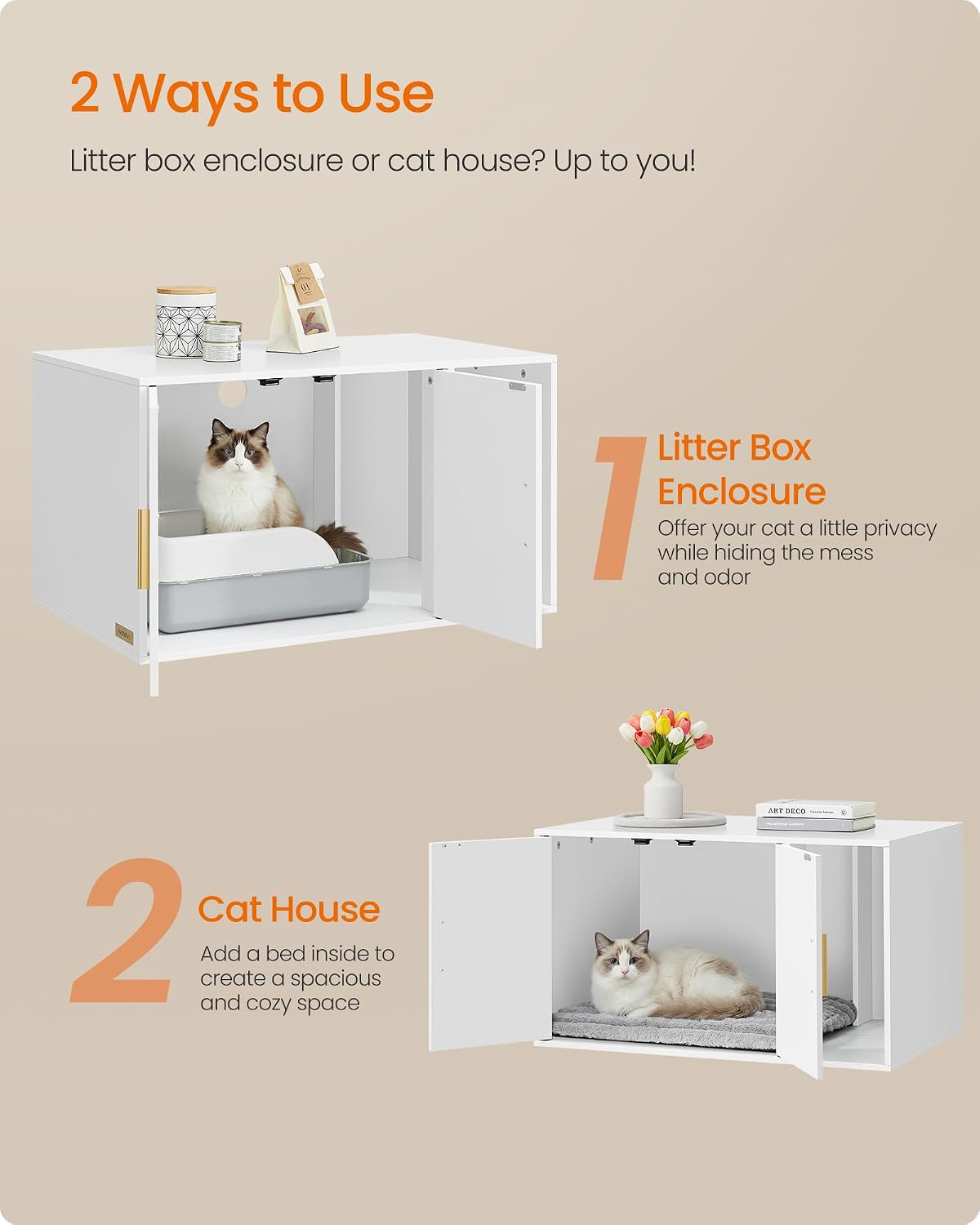 Feandrea Cat Litter Box Enclosure, Double Doors, 31.5 x 19.7 x 17.7 Inches | Modern Hidden Litter Box Furniture, Indoor Pet House, Side End Table, Cloud White, CUSTOS Collection UPCL020WB01S
