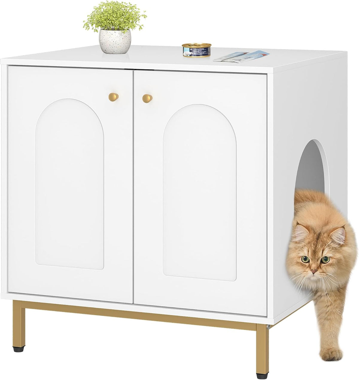 Hzuaneri Cat Litter Box Enclosure, Hidden Litter Box Furniture, Sisal Mat | Wooden Indoor Cat Cabinet, Modern Cat Washroom, Side End Table, for Living Room, Bedroom, White and Gold CB81203G