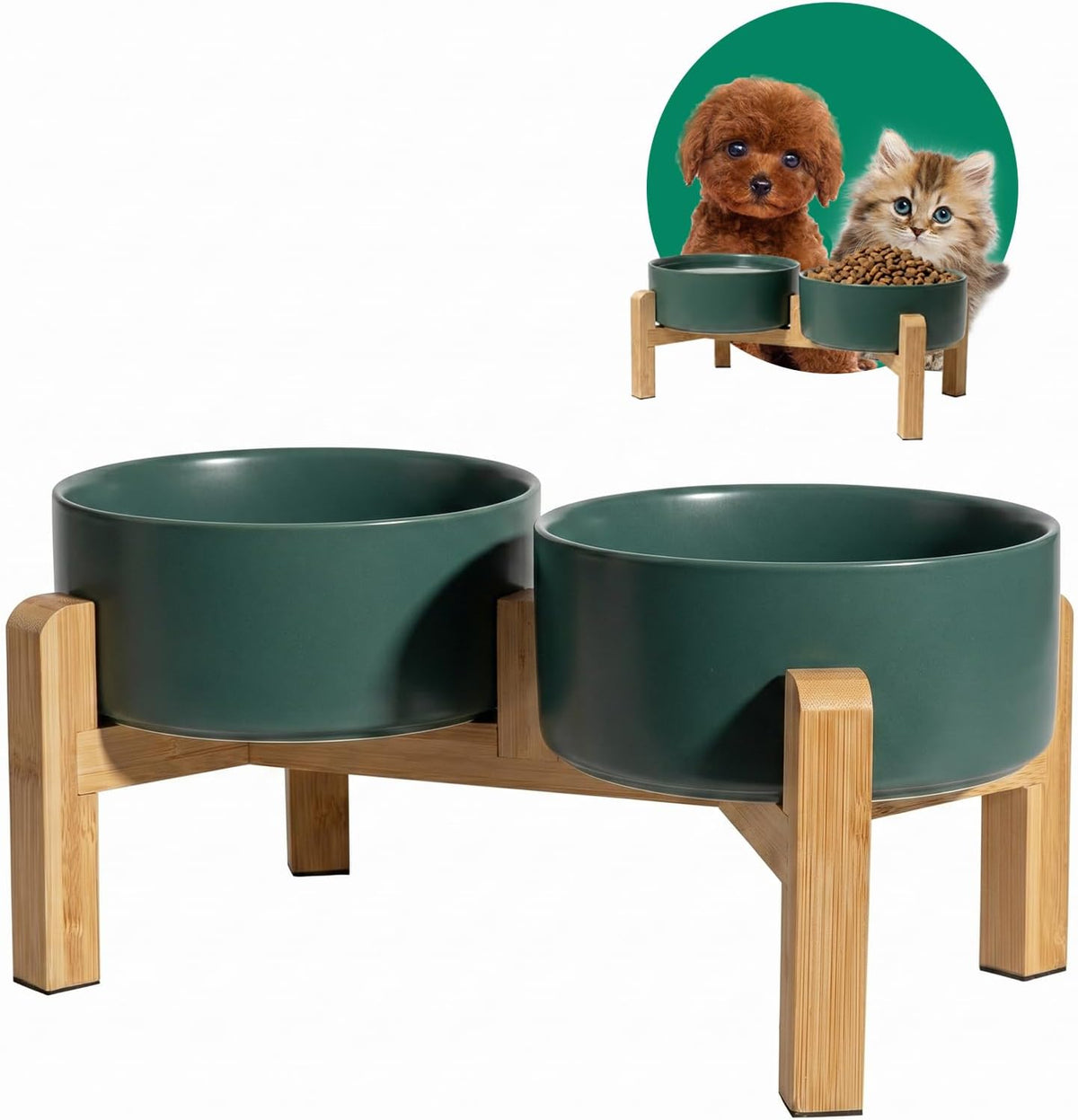 Elevated Ceramic Dog Bowl, 2 Cups Dog Food and Water Bowl Set with Stand | 5.1'' Double Dog Feeding Dishes, Non-Slip Raised Dog Feeder for Cats and Puppies, 16.23 OZ / 480 ML, White
