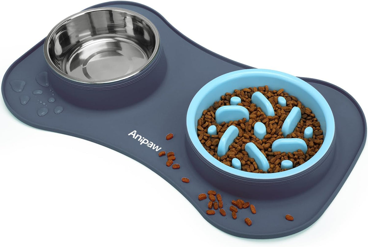 Slow Feeder Dog Bowls 3 in 1 Stainless Steel Food Water Bowl to Slow Eating | Durable, Non-spill & Non-skid with Silicone Mat Design, Slow Down Eating, Suitable for Small Medium Large Dogs and Cats