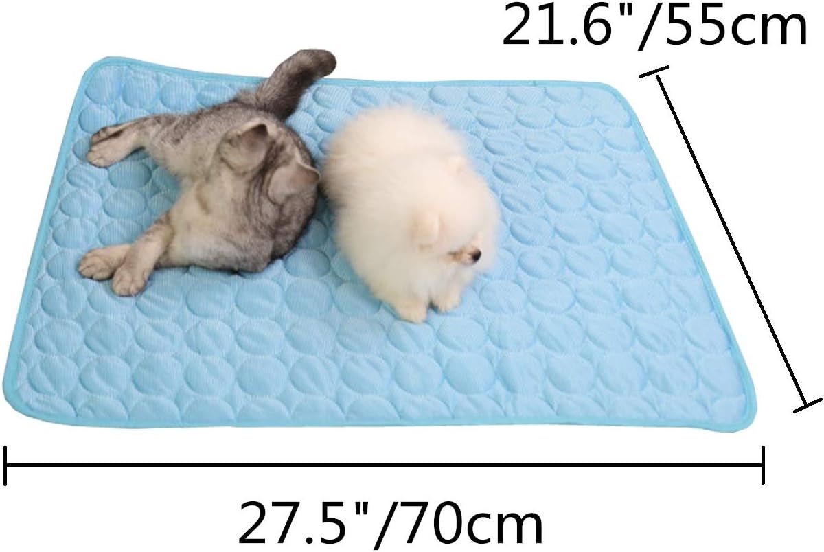 Wontee Dog Cooling Mat Pet Ice Silk Pad Washable Summer Sleeping Bed for Crate, Bed, Sofa, Indoor & Outdoor Floor, Car Seats (Blue + Grey, S)