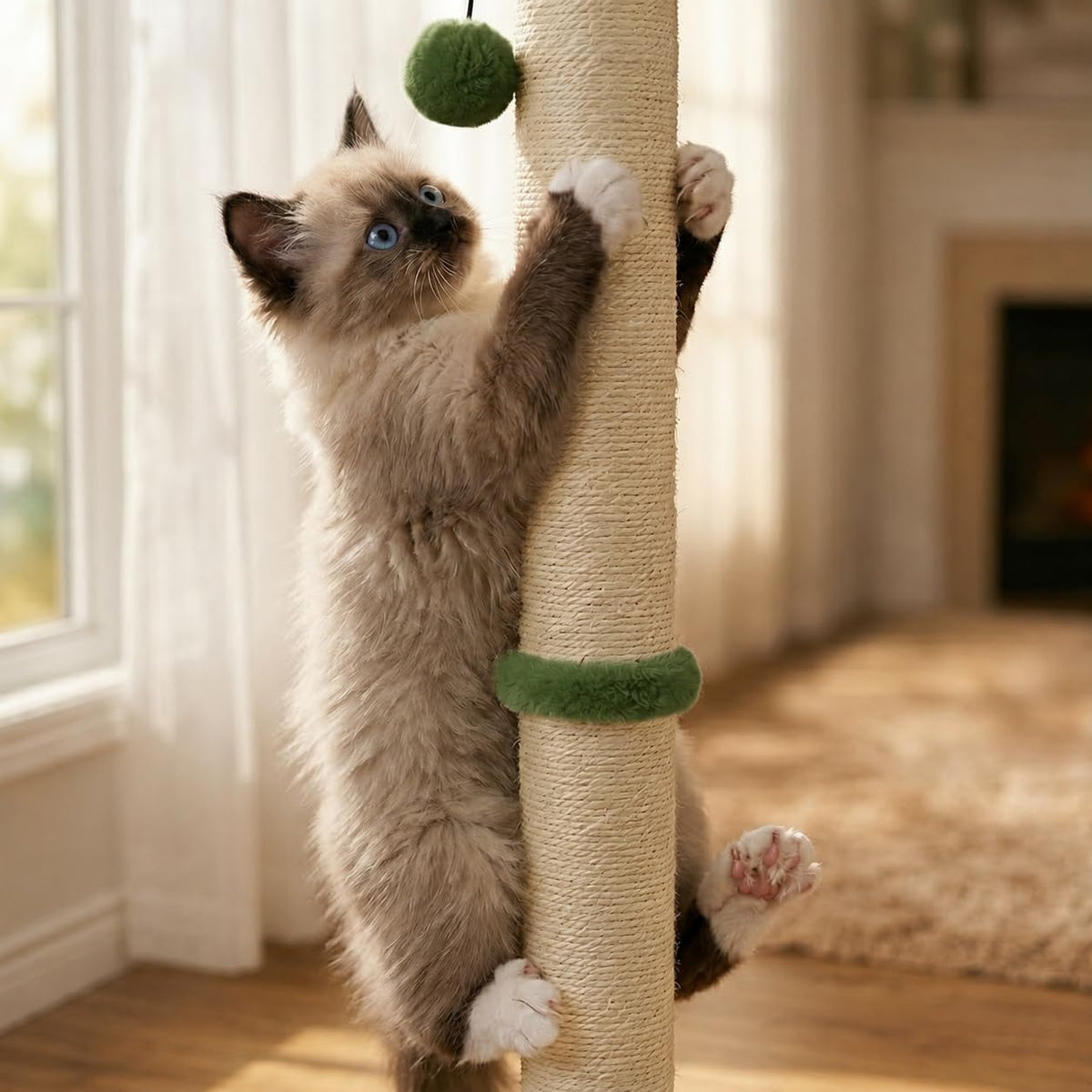 Dimaka Tall Cat Scratching Post, Claw Scratcher with Sisal Rope and Covered with Soft Smooth Plush, Vertical Scratch [Full Strectch] for Standard Size Cats (Green, 34 inches for Large Cats)